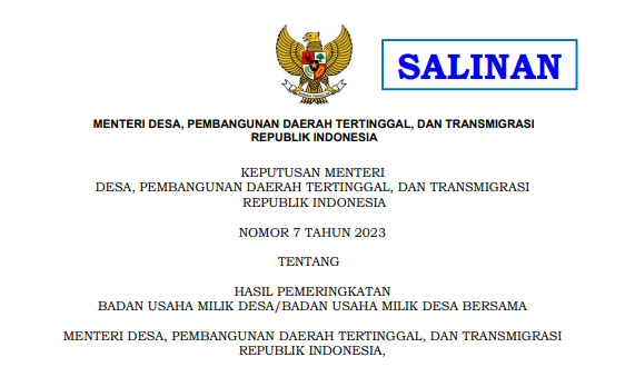 Hasil Pemeringkatan BUM Desa dan BUMDesma Seluruh Indonesia Tahun 2022